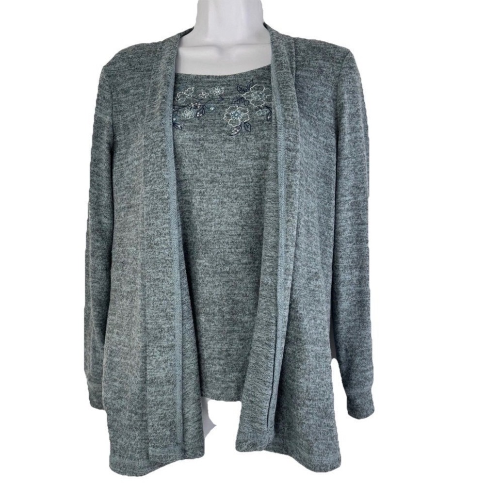 Drapers & Damons Cardigan Set Women SM Blue‎ Grey 2pc Embroidered Floral Twinset